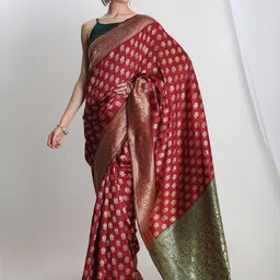 Janasya Ethnic Motifs Zari Silk Blend Banarasi Saree-image-87