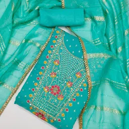 KALINI Teal Chanderi Silk Butti With Embroiderd Work Unstitched Dress Material-picture-2