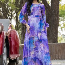 SARINKU Print Puff Sleeve Maxi Dress-30