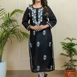 ADR CHIKAN Floral Embroidered Notch Neck Chikankari Pure Cotton Kurta WithDhoti Pants-41