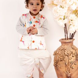 Little Bansi Full Sleeves Kurta With Deer Printed Jacket & Dhoti - White-image-83