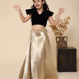 Piccolo Sleeveless Solid Color Velvet Choli With Lehenga Set - Golden & Black-image-59