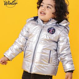 Babyoye Full Sleeves Padded Hooded Jacket Rocket Embroidery - Silver-image-88
