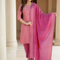 SANISA Geometric Woven Design V-Neck Straight Kurta & Trousers With Dupatta-10