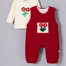 Hopscotch Girls 2 Pcs White & Red Floral Printed Dungaree Set-picture-31