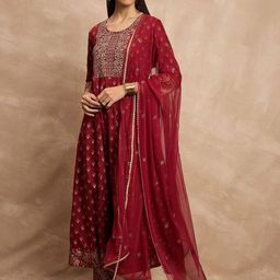 HERE&NOW Women Ethnic Motifs Embroidered Regular Thread Work Kurta with Trousers & With Dupatta-image-63
