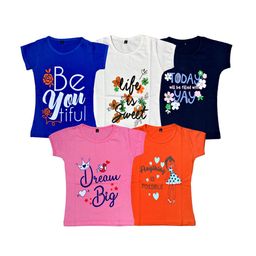 FAZZA Girls Pack Of 5 Printed Cotton Casual T-shirts-image-33