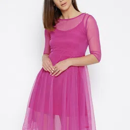 Moda Rapido Women Net Boat Neck Fit & Flare Tulle Knee Length Dress-picture-6