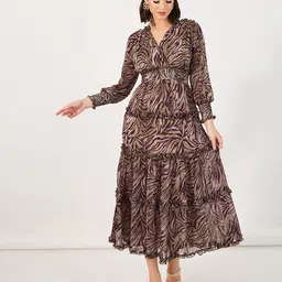 Styli Printed Cuffed Sleeve Tiered Empire Midi Dress-image-18