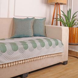 STITCHNEST Olive Green & White Floral Printed Quilted Velvet 3 Seater Sofa Cover-picture-36