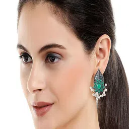 Vientiq German Silver Plated Stones Studded & Beads Beaded Oxidised Drop Earrings-24