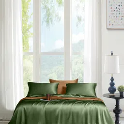 THE LINEN COMPANY Lime Green 300 TC Single Bedsheet with 1 Pillow Covers-image-61
