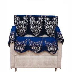 Fashion Throw Navy Blue & Gold-Toned Printed Jacquard 4 Piece Sofa Cover With Arms-image-90