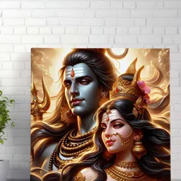 Aura Gold-Toned & Blue Lord Shiva & Parvati Wall Paintings-image-94