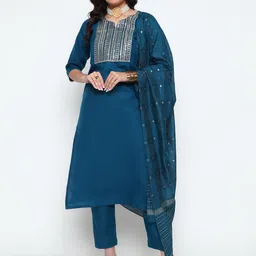 INCHEME Women Floral Yoke Design Thread Work Straight Kurta with Trousers & Dupatta-picture-29