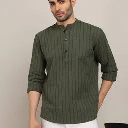 HERE&NOW Striped Mandarin Collar Long Sleeves Pure Cotton Straight Short Kurta-51