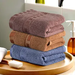 Kuber Industries Blue & Brown 3 Pieces Striped Cotton Anti-Bacterial 225 GSM Face Towels-image-96