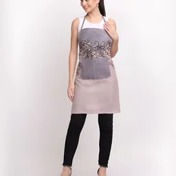 Arrabi Brown & Black Floral Printed Apron Cotton With 2 Patch Pockets-16
