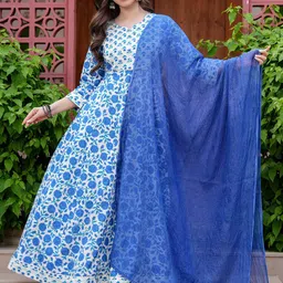 JAIMINI Women Floral Printed Layered Mirror Work Pure Cotton Kurta with Trousers & With Dupatta-picture-43