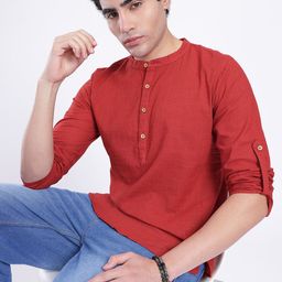 Anouk Rustic Band Collar Roll-Up Sleeves Kurta-picture-4