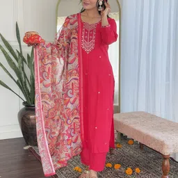 KAUTIK FABRICS Women Embroidered Regular Thread Work Kurta with Trousers & With Dupatta-52
