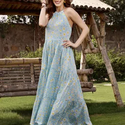 Sera Floral Print Tie-Up Neck Fit & Flare Maxi Dress-image-49