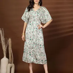 plusS Women Abstract Print V-Neck Fit & Flare Midi Dress-image-21
