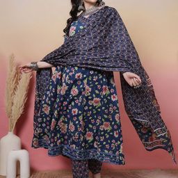 Sangria Women Floral Printed Cotton Anarkali Kurta with Trousers & Dupatta-picture-25