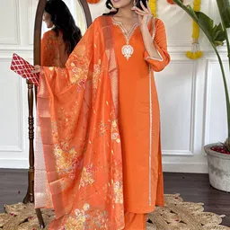 URMIR FASHION Women Floral Embroidered Regular Thread Work Kurta with Trousers & With Dupatta-image-77