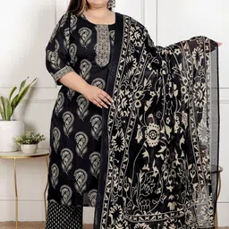KALINI Floral Printed Round Neck Sequinned Pure Cotton Kurta With Trousers & Dupatta-image-84