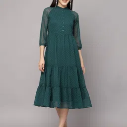 BAESD Georgette Mandarin Collar Puff Sleeve Tiered Fit & Flare Midi Dress-image-75