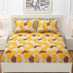 YaAkholic Orange & White Floral 210 TC King Bedsheet with 2 Pillow Covers-image-42