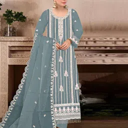 ODETTE Floral Embroidered Georgette Semi-Stitched Kurta With Trousers & Dupatta-image-31