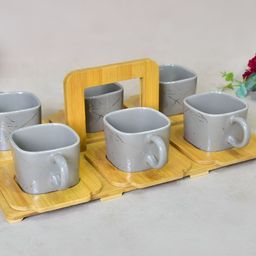 THE HOME CO. Grey & Brown 7 Pieces Printed Ceramic Matte Cups With Tray-33