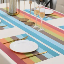 HOKIPO Set Of 5 Multi-Stripes Rectangular Table Placemats & Table Runner image 2