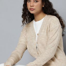 ether Women Beige Ribbed Shawl Collar Acrylic Cardigan-4