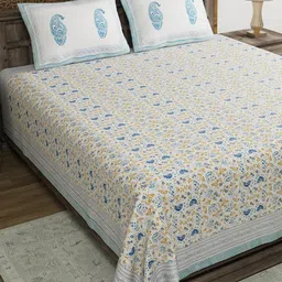 BLOCKS OF INDIA Unisex Blue Printed 250 TC King Bedsheet with 2 Pillow Covers-image-95