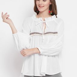 Belle Fille Women White Solid A-Line Pure Cotton Top-image-10