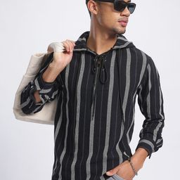 glitchez Streamlined Stripes Self-Design Tie-Up Detail Hooded Pure Cotton T-shirt-image-53