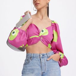 glitchez Crinkle Chic Evil Eye Print Twisted Front Crop Top-11