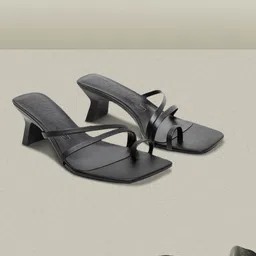 MANGO Black Solid Leather One Toe Block Heels-picture-42