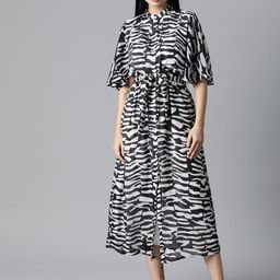 plusS Women Black & White Printed Batwing Sleeves Midi Dress with Tie Up Belt-image-102