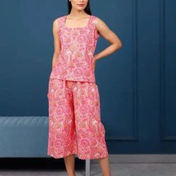 Pheeta Peach & Pink Cotton Floral Print Top Crop Pant Set-picture-44