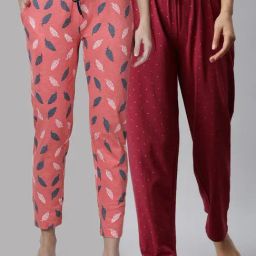 Kryptic Maroon & Coral Printed Pure Cotton Elasticated Waist Band Regular Fit Pyjamas - Pack of 2-image-25