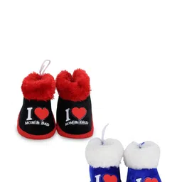 Neska Moda 6 To 12 Months Set Of 2 Velvet I Love Mom and Dad Print Lace Baby Booties (Toe to Heel Length - 12 cm, Black, Blue)-4