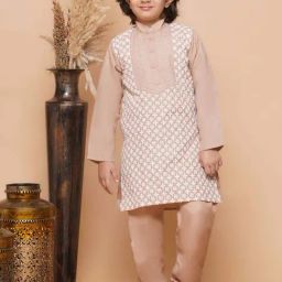 AJ Dezines Kids Peach Cotton Embroidered Full Sleeves Kurta Set-picture-39