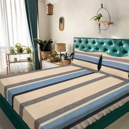 Arrabi Cream-Coloured & Blue Striped 350 TC King Bedsheet with 2 Pillow Covers-10