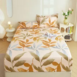 JC HOME Brown & Green Leaves Printed Pure Cotton 240 TC Single Bedsheet Set 2 m x 1.2 m-image-9