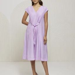 Artagai Lavender Relaxed Fit Dress with Belt and Kantha Embroidery At Front-image-2