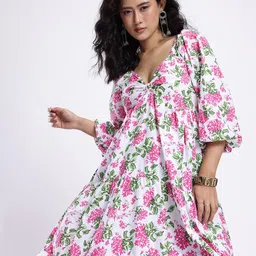 glitchez Floral Printed Puff Sleeve Gathers Flared Hem Tiered Maxi Dress-image-59